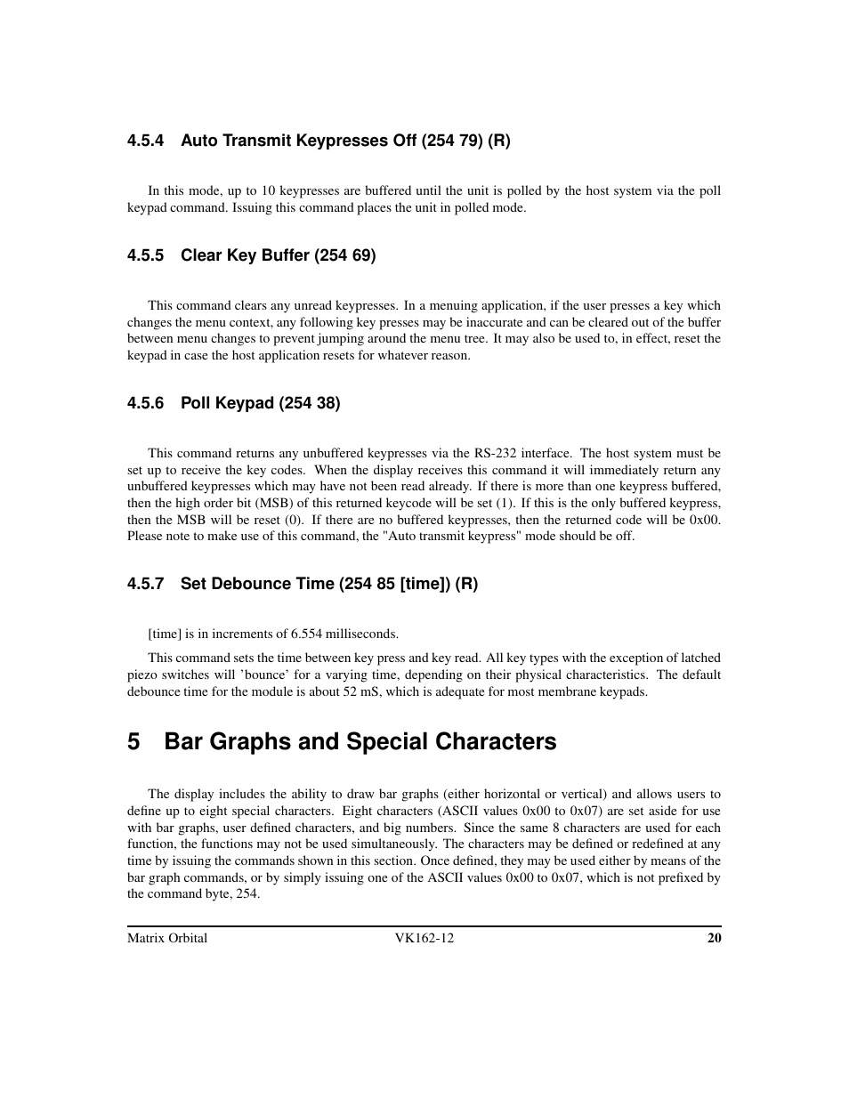 5 bar graphs and special characters | Matrix Orbital VK162-12 Legacy User Manual | Page 24 / 44