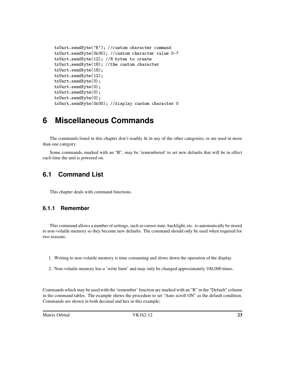 6 miscellaneous commands, 1 command list | Matrix Orbital VK162-12 Legacy User Manual | Page 27 / 44