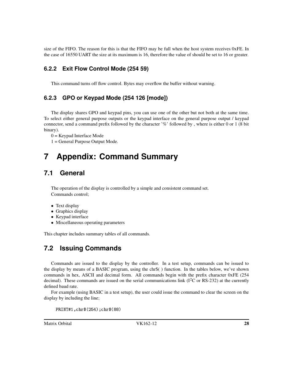 7 appendix: command summary, 1 general, 2 issuing commands | Matrix Orbital VK162-12 Legacy User Manual | Page 32 / 44