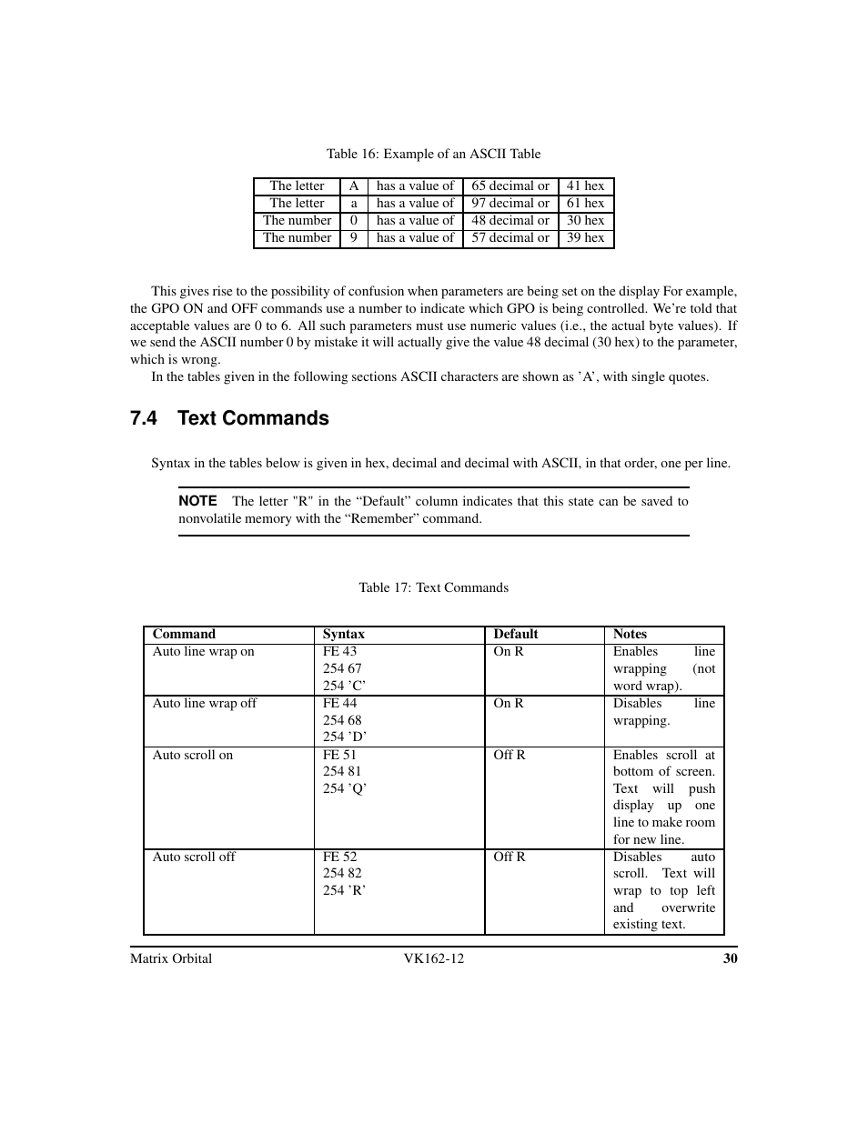 4 text commands | Matrix Orbital VK162-12 Legacy User Manual | Page 34 / 44