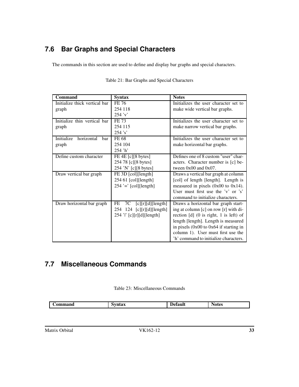 6 bar graphs and special characters, 7 miscellaneous commands | Matrix Orbital VK162-12 Legacy User Manual | Page 37 / 44