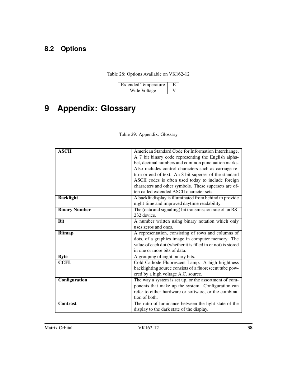 9 appendix: glossary, 2 options | Matrix Orbital VK162-12 Legacy User Manual | Page 42 / 44