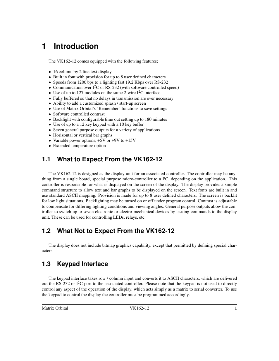 1 introduction, 3 keypad interface | Matrix Orbital VK162-12 Legacy User Manual | Page 5 / 44