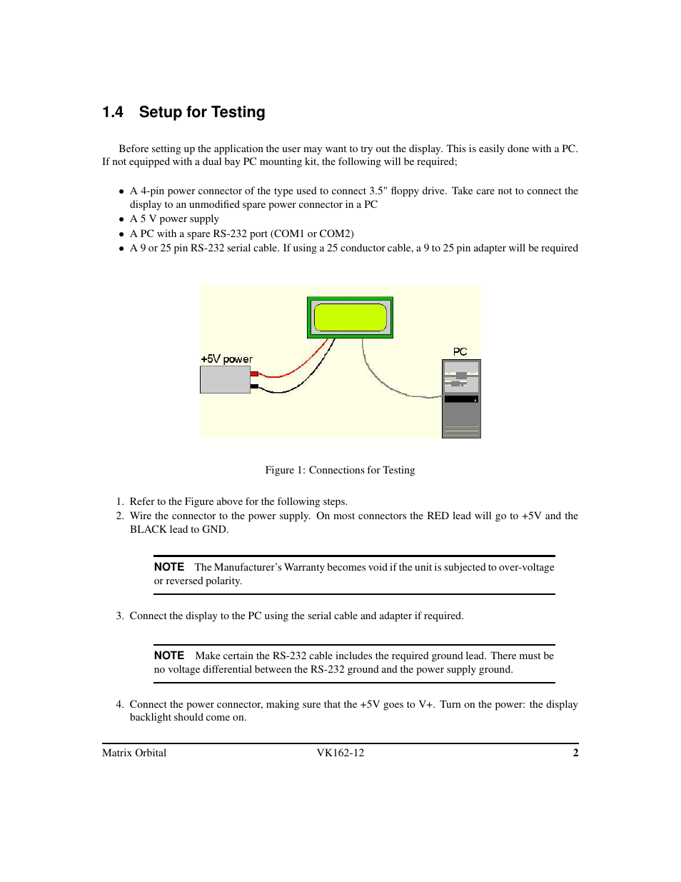 4 setup for testing | Matrix Orbital VK162-12 Legacy User Manual | Page 6 / 44