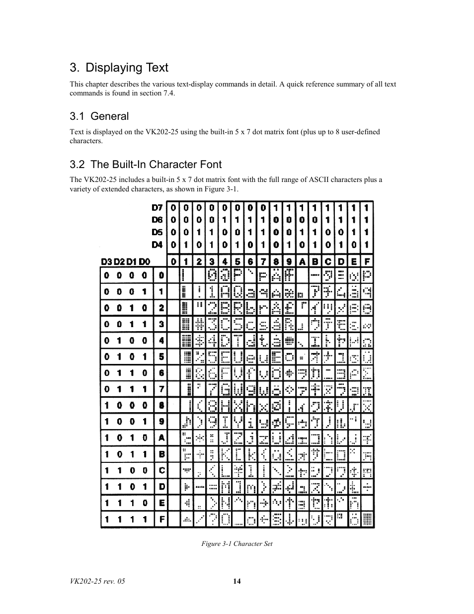 Displaying text, 1 general, 2 the built-in character font | Matrix Orbital VK202-25 Legacy User Manual | Page 14 / 35