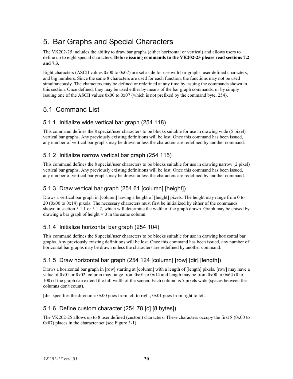 Bar graphs and special characters, 1 command list | Matrix Orbital VK202-25 Legacy User Manual | Page 20 / 35