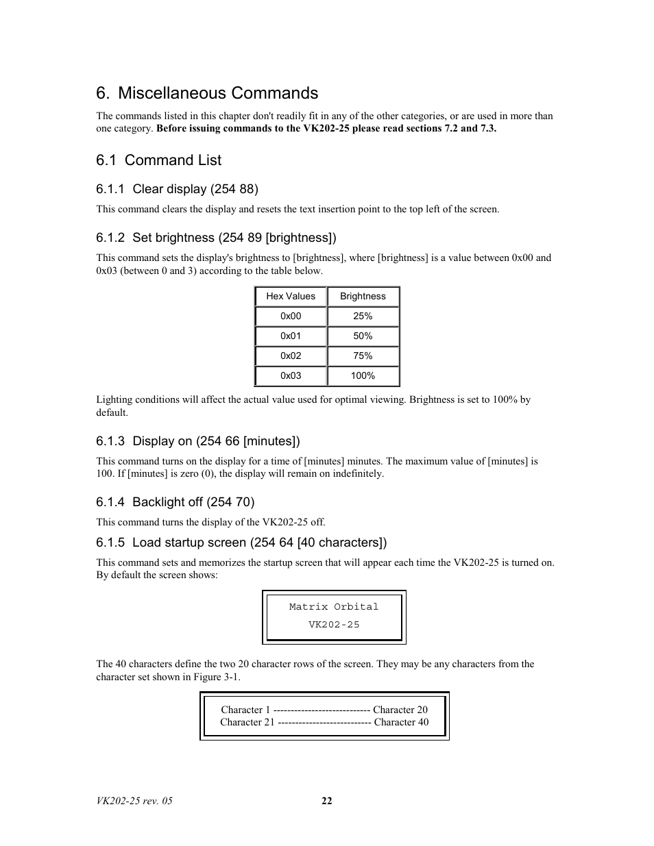 Miscellaneous commands, 1 command list | Matrix Orbital VK202-25 Legacy User Manual | Page 22 / 35