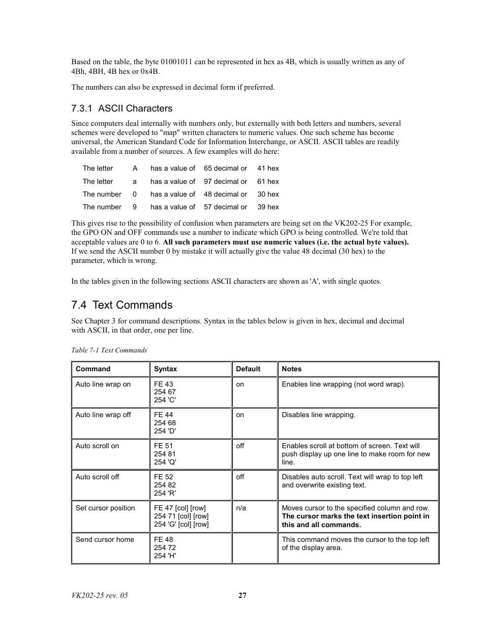 4 text commands, 1 ascii characters | Matrix Orbital VK202-25 Legacy User Manual | Page 27 / 35