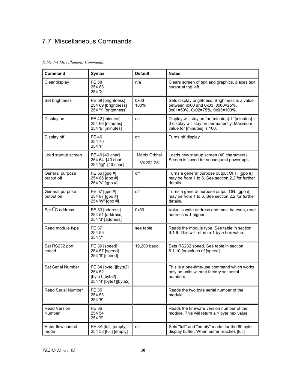 7 miscellaneous commands | Matrix Orbital VK202-25 Legacy User Manual | Page 30 / 35