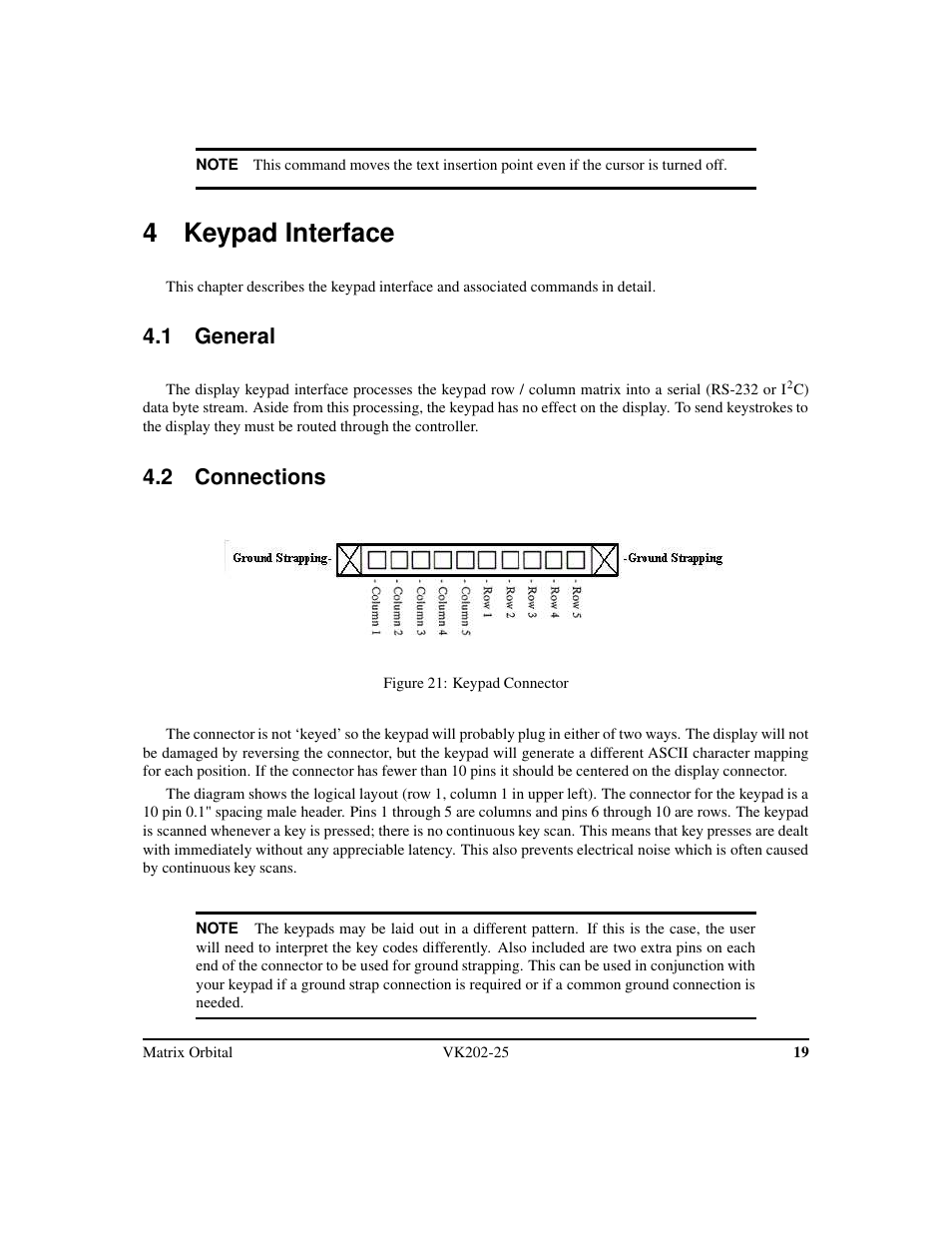 4 keypad interface, 1 general, 2 connections | Matrix Orbital VK202-25 Legacy User Manual | Page 23 / 49