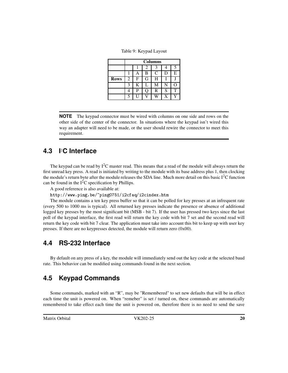 C interface, 4 rs-232 interface, 5 keypad commands | Matrix Orbital VK202-25 Legacy User Manual | Page 24 / 49