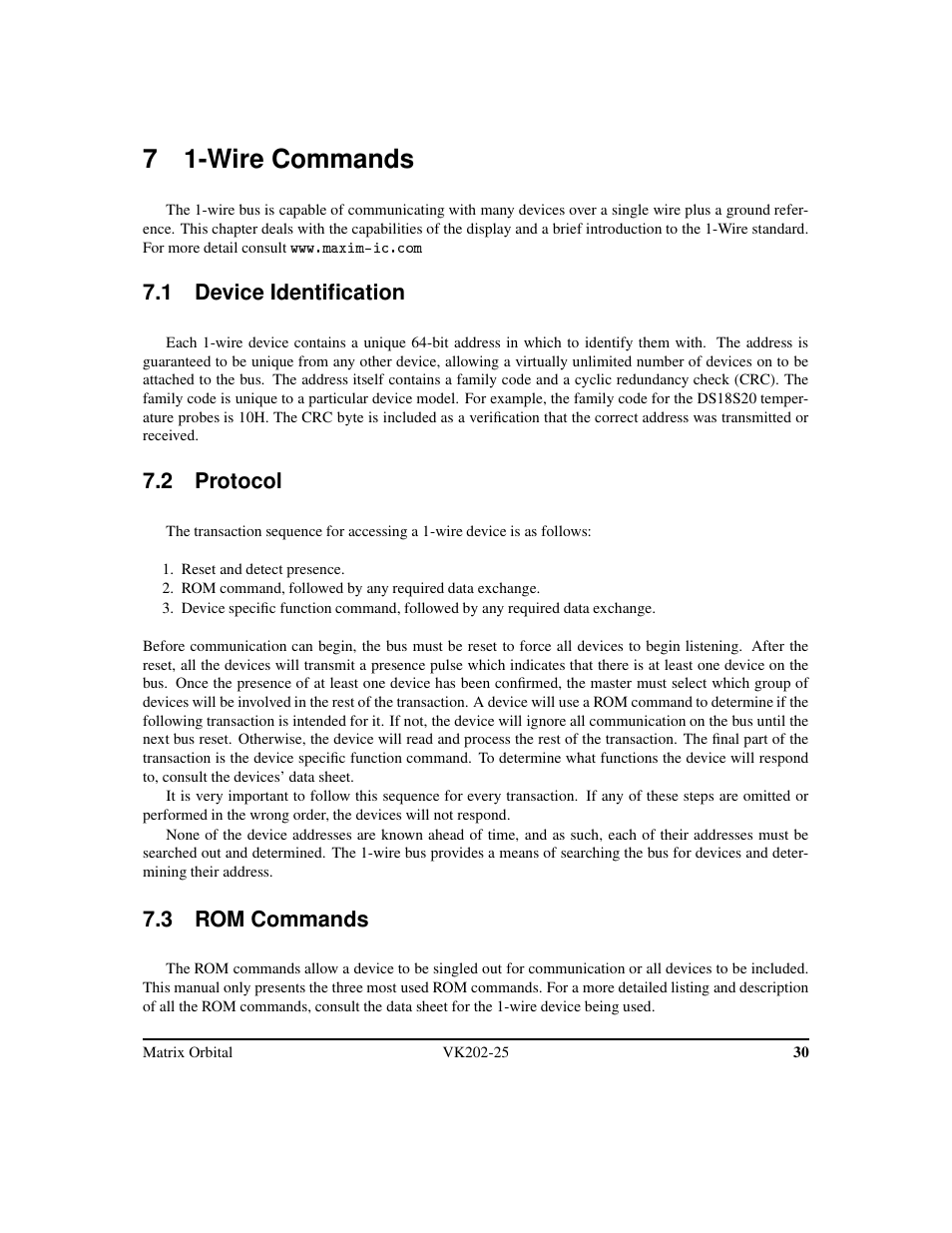 7 1-wire commands, 1 device identification, 2 protocol | 3 rom commands | Matrix Orbital VK202-25 Legacy User Manual | Page 34 / 49