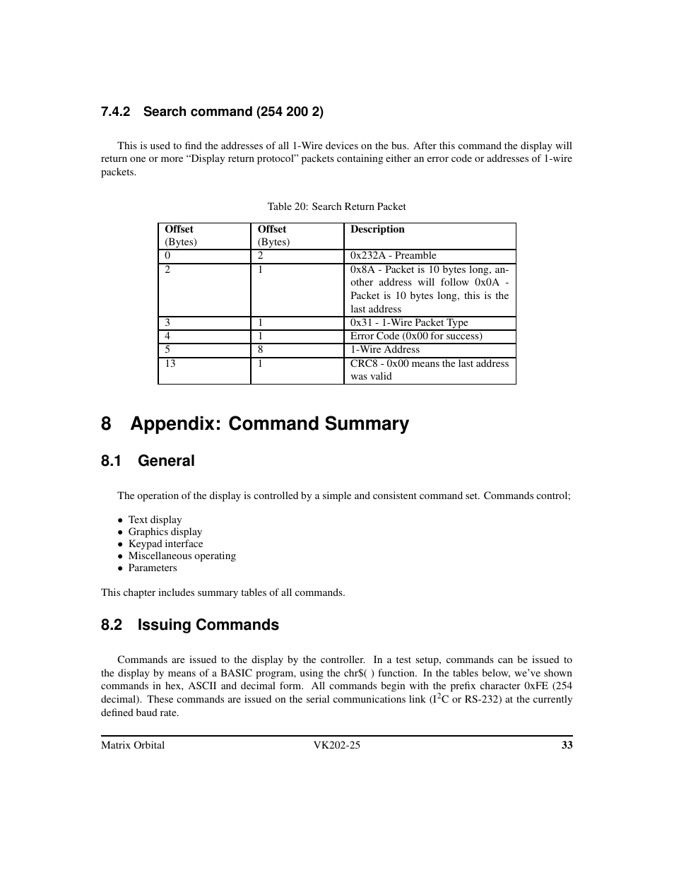8 appendix: command summary, 1 general, 2 issuing commands | Matrix Orbital VK202-25 Legacy User Manual | Page 37 / 49