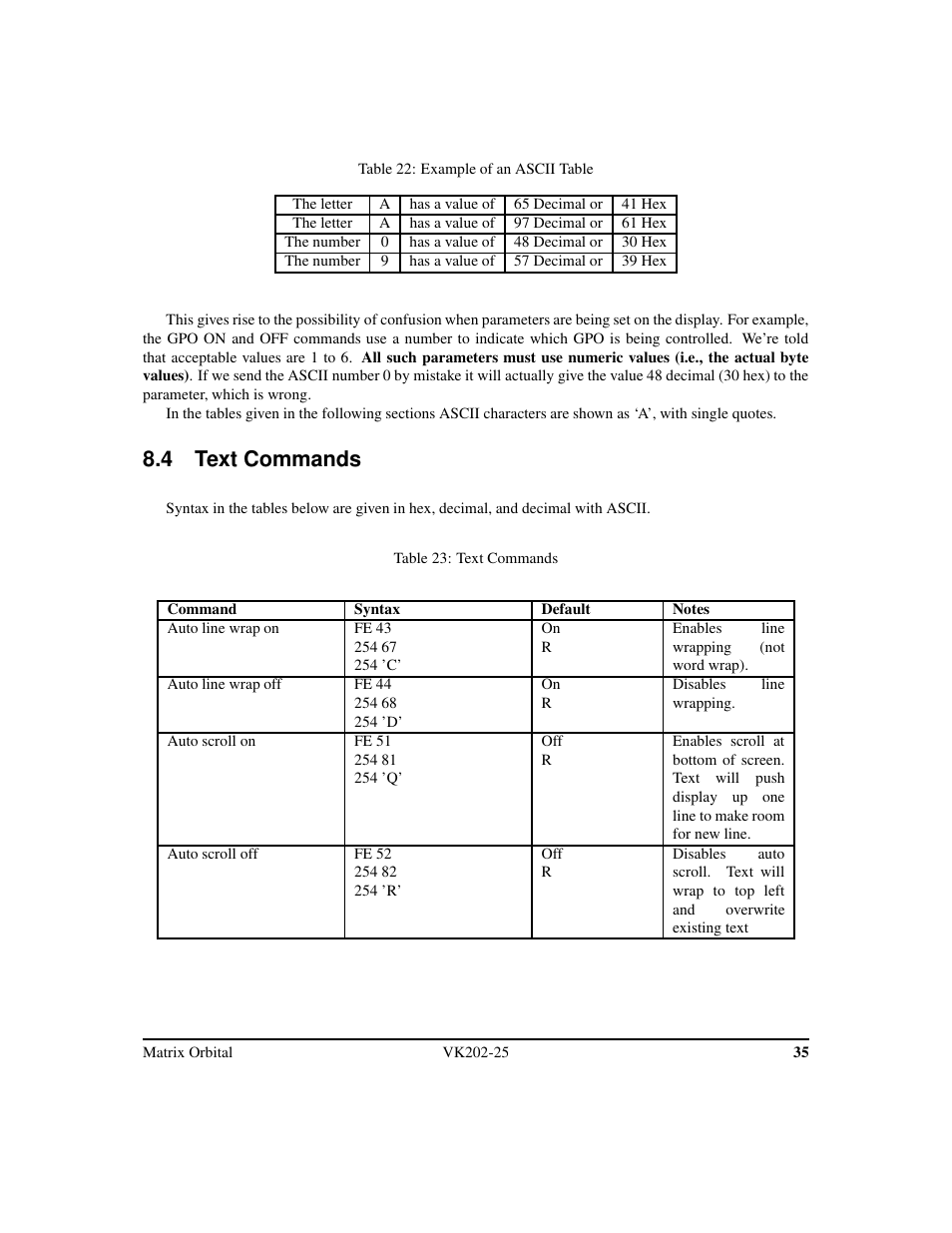 4 text commands | Matrix Orbital VK202-25 Legacy User Manual | Page 39 / 49