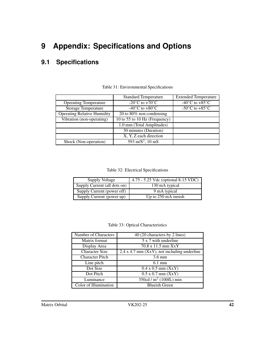 9 appendix: specifications and options, 1 specifications | Matrix Orbital VK202-25 Legacy User Manual | Page 46 / 49