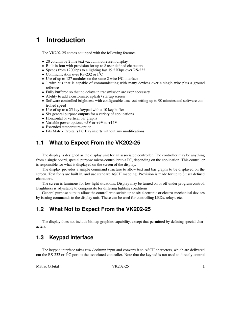 1 introduction, 3 keypad interface | Matrix Orbital VK202-25 Legacy User Manual | Page 5 / 49