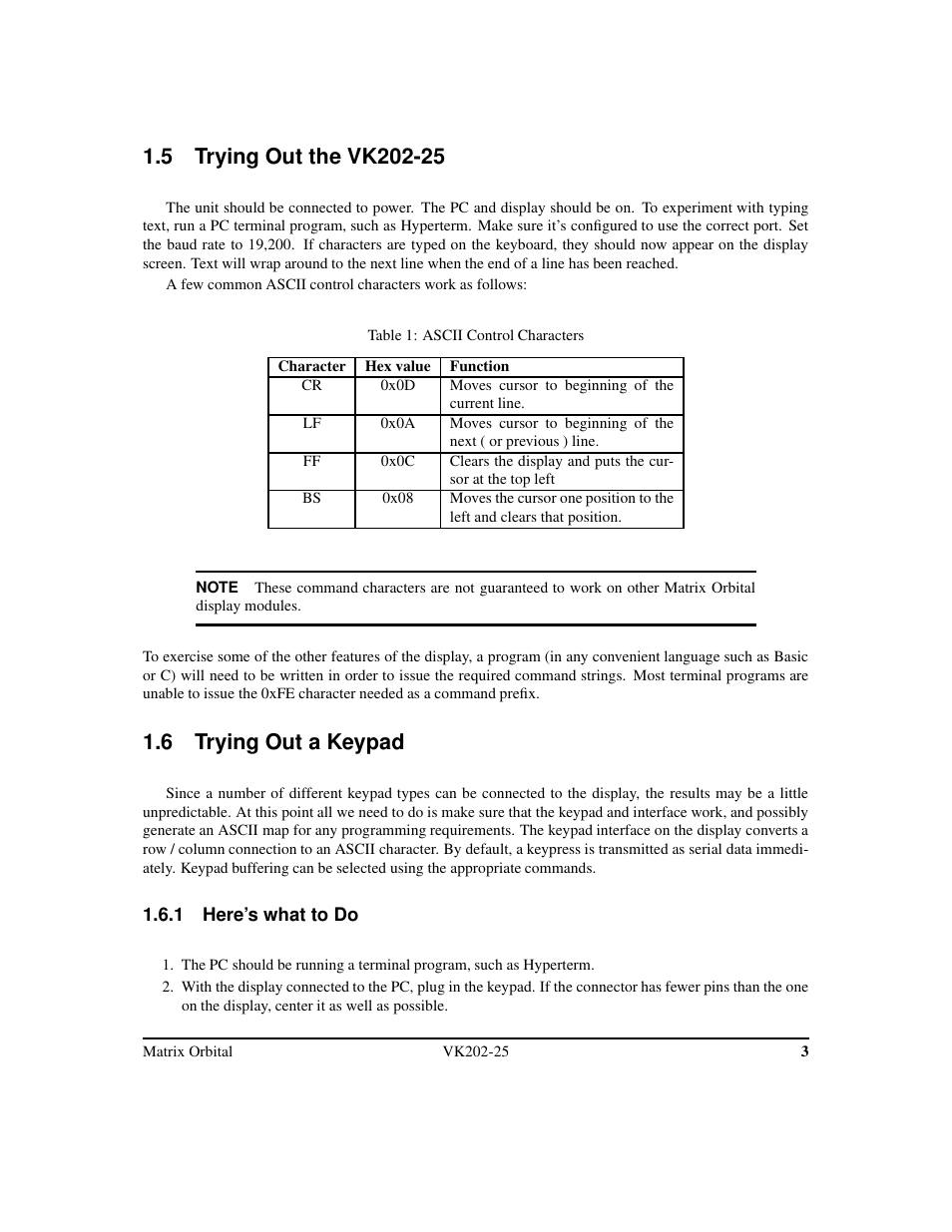 6 trying out a keypad | Matrix Orbital VK202-25 Legacy User Manual | Page 7 / 49