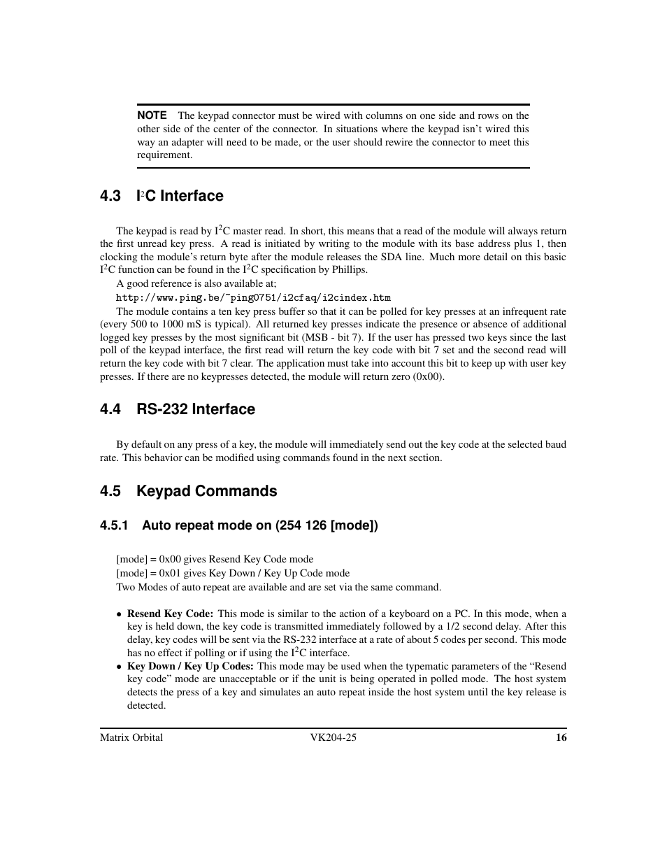 C interface, 4 rs-232 interface, 5 keypad commands | Matrix Orbital VK204-25 Legacy User Manual | Page 19 / 38