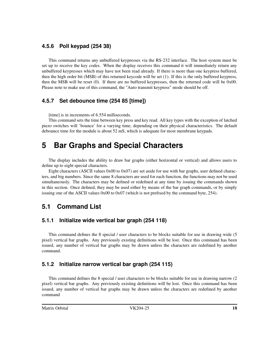 5 bar graphs and special characters, 1 command list | Matrix Orbital VK204-25 Legacy User Manual | Page 21 / 38