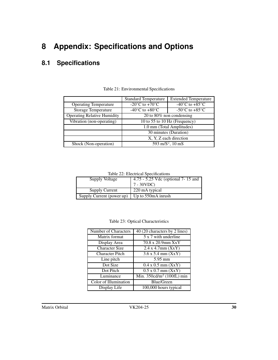 8 appendix: specifications and options, 1 specifications | Matrix Orbital VK204-25 Legacy User Manual | Page 33 / 38