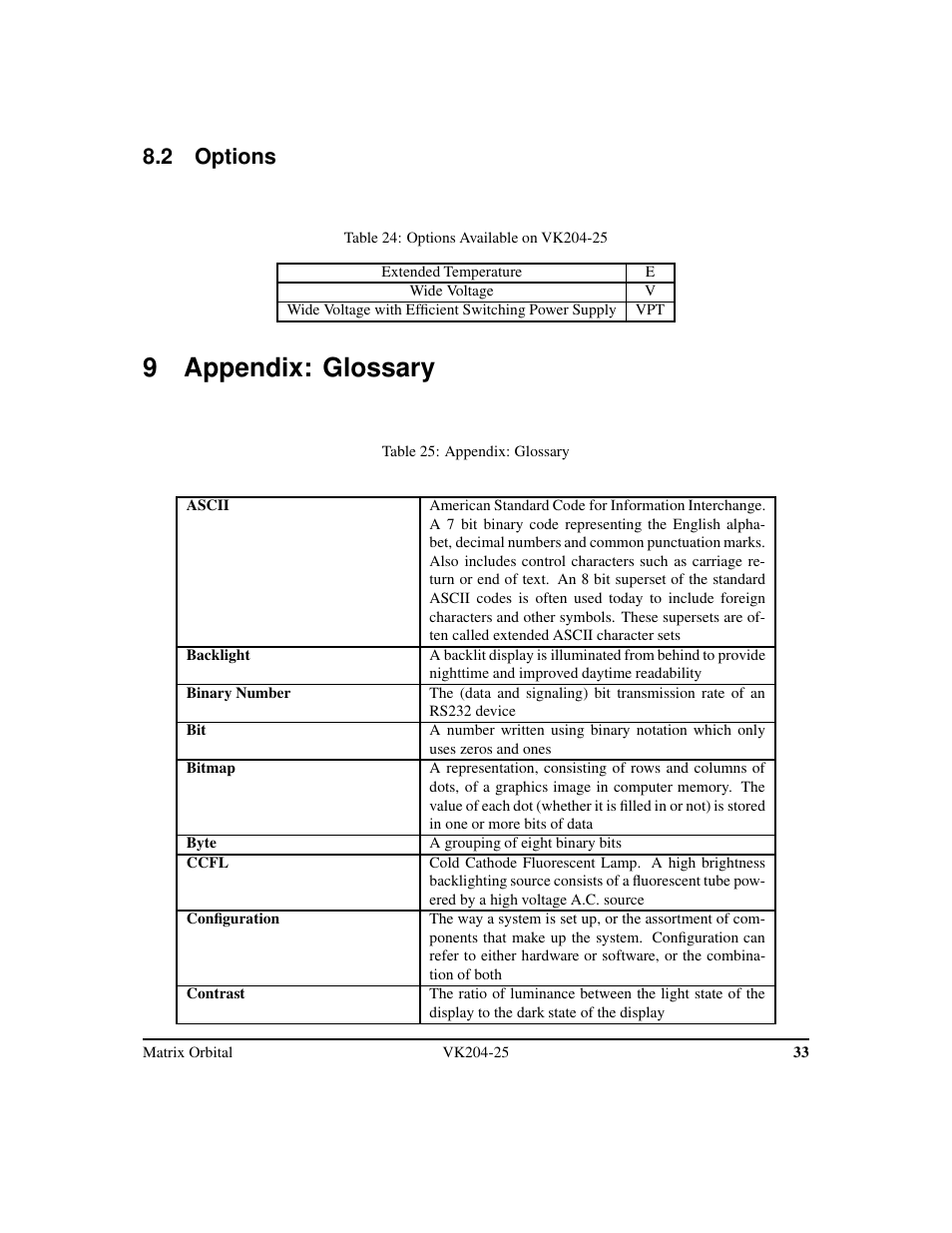 9 appendix: glossary, 2 options | Matrix Orbital VK204-25 Legacy User Manual | Page 36 / 38