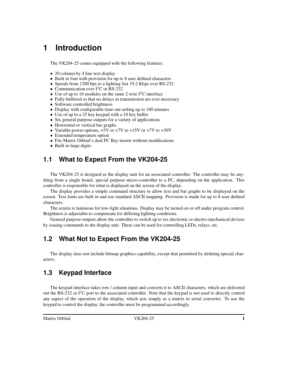 1 introduction, 3 keypad interface | Matrix Orbital VK204-25 Legacy User Manual | Page 4 / 38