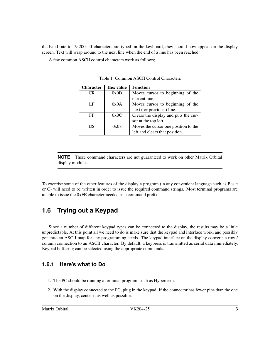 6 trying out a keypad | Matrix Orbital VK204-25 Legacy User Manual | Page 6 / 38