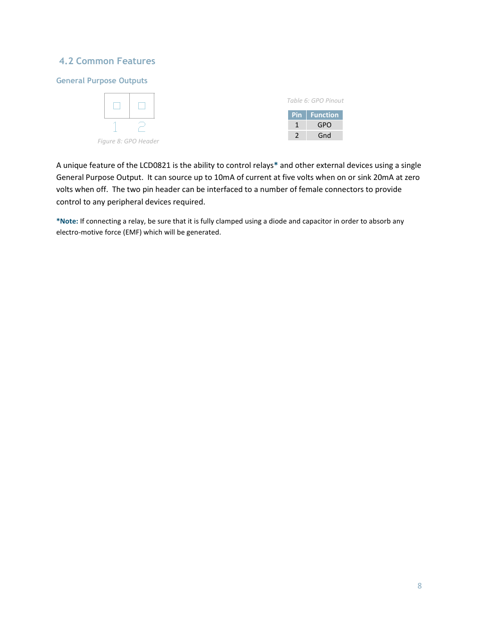 2 common features, General purpose outputs | Matrix Orbital LCD0821 User Manual | Page 12 / 31