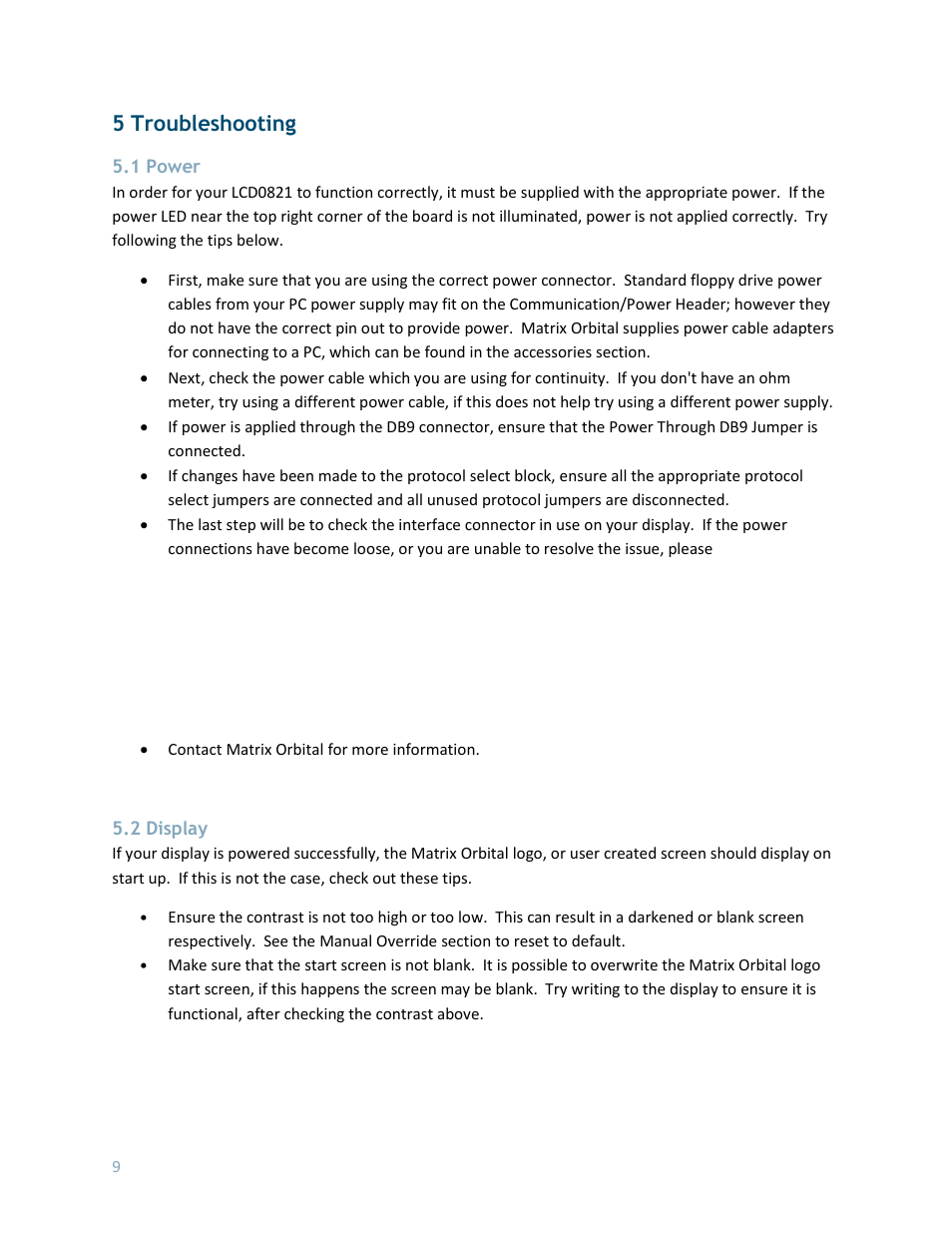 5 troubleshooting, 1 power, 2 display | Matrix Orbital LCD0821 User Manual | Page 13 / 31