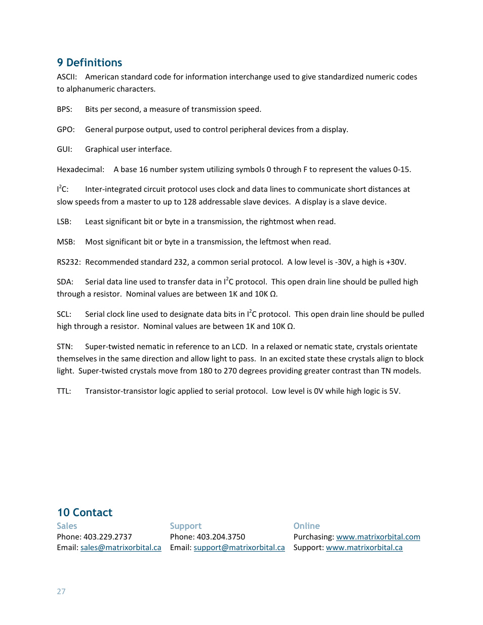 9 definitions, 10 contact, Contact | Matrix Orbital LCD0821 User Manual | Page 31 / 31