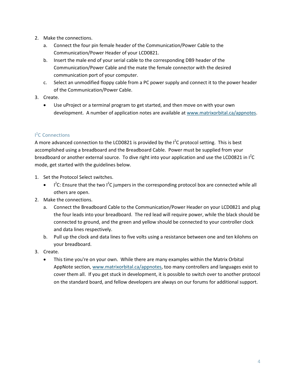 I2c connections, C connections | Matrix Orbital LCD0821 User Manual | Page 8 / 31