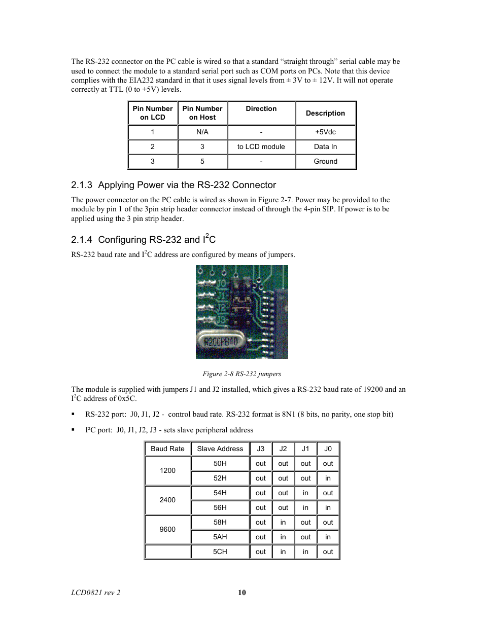 3 applying power via the rs-232 connector, 4 configuring rs-232 and i | Matrix Orbital LCD0821 Legacy User Manual | Page 10 / 29