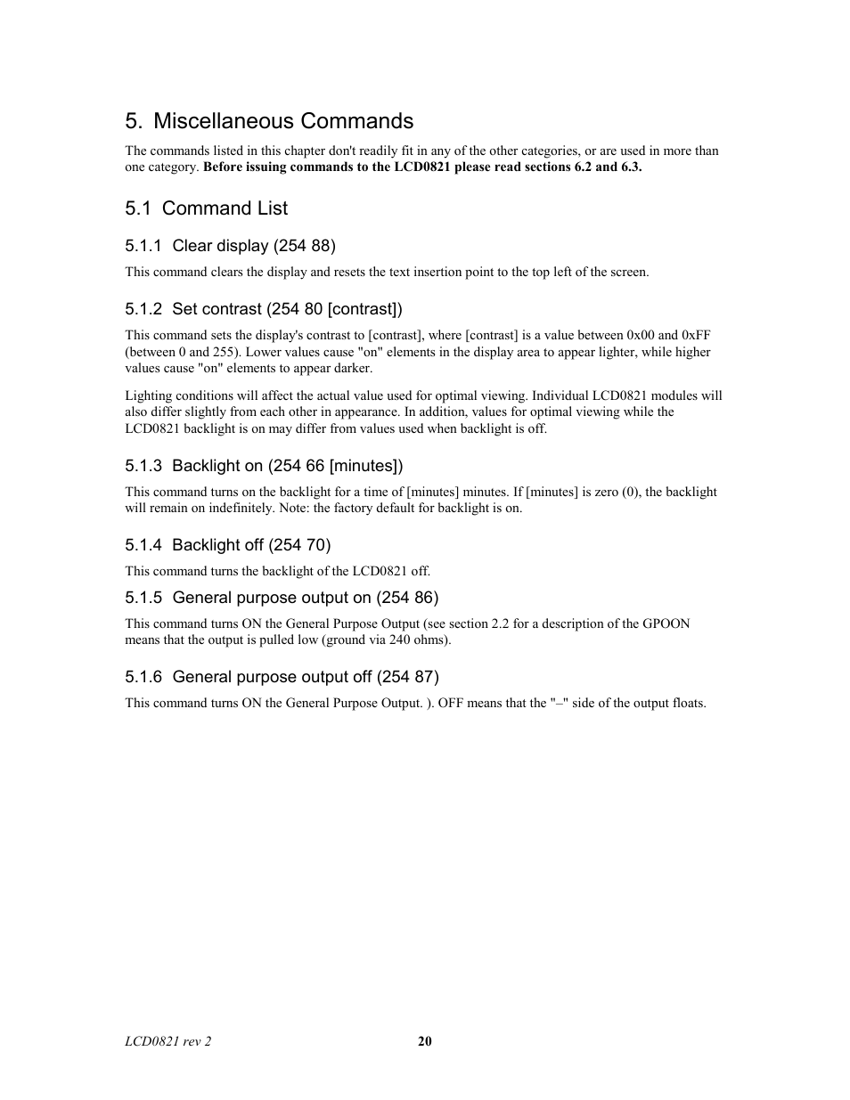 Miscellaneous commands, 1 command list | Matrix Orbital LCD0821 Legacy User Manual | Page 20 / 29