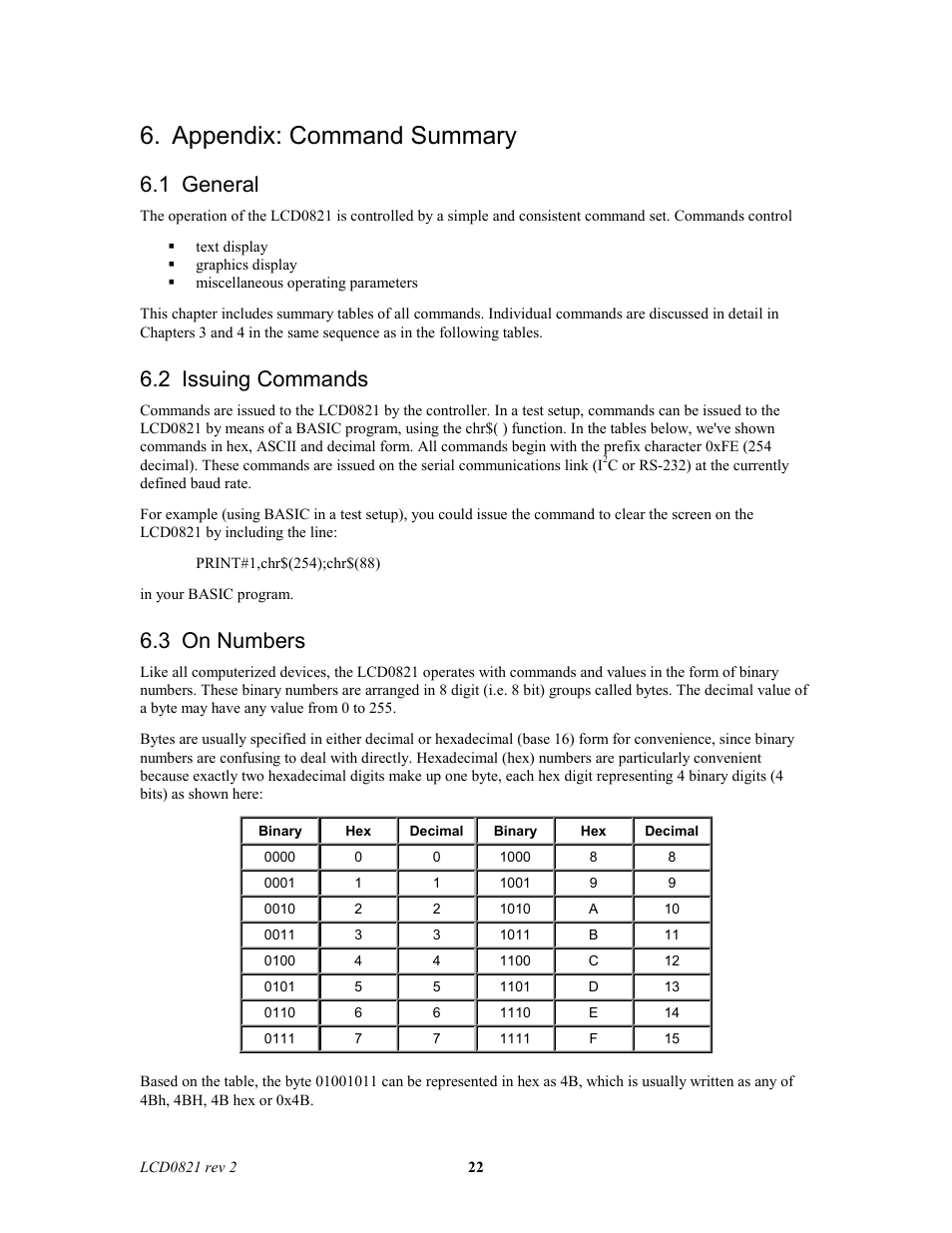 Appendix: command summary, 1 general, 2 issuing commands | 3 on numbers | Matrix Orbital LCD0821 Legacy User Manual | Page 22 / 29