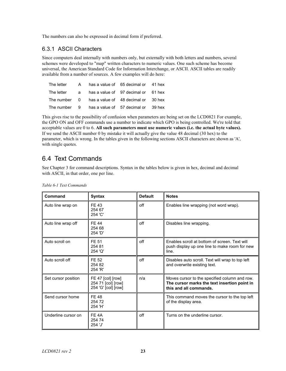 4 text commands, 1 ascii characters | Matrix Orbital LCD0821 Legacy User Manual | Page 23 / 29