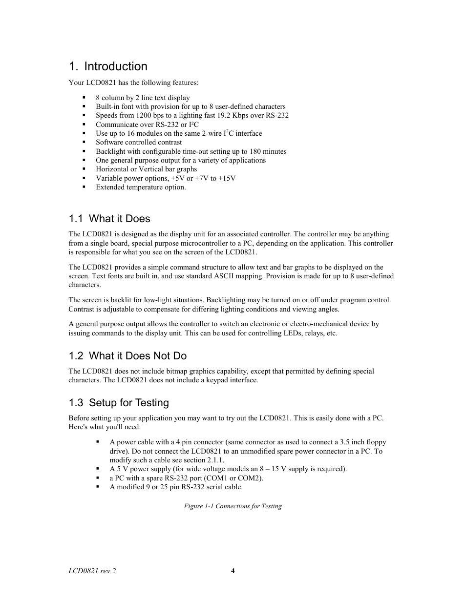 Introduction, 1 what it does, 2 what it does not do | 3 setup for testing | Matrix Orbital LCD0821 Legacy User Manual | Page 4 / 29