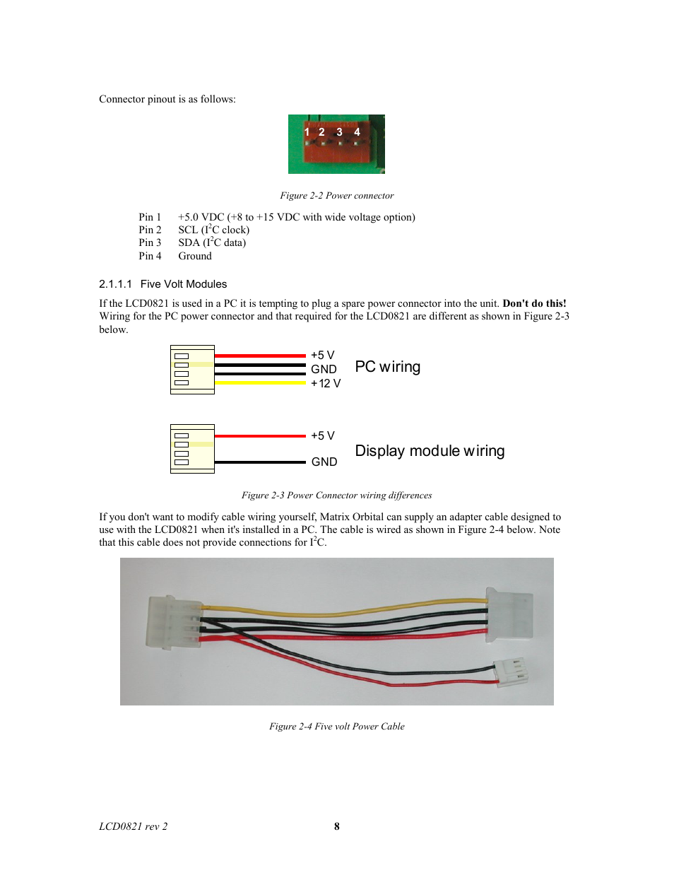 Pc wiring display module wiring | Matrix Orbital LCD0821 Legacy User Manual | Page 8 / 29