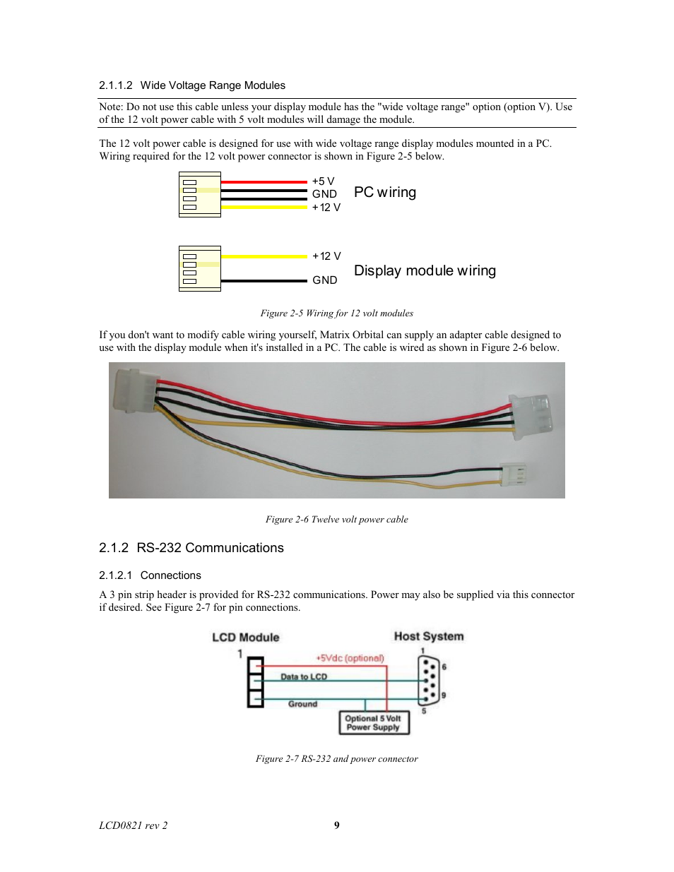 Pc wiring display module wiring | Matrix Orbital LCD0821 Legacy User Manual | Page 9 / 29