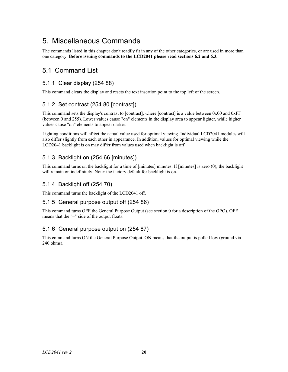 Miscellaneous commands, 1 command list | Matrix Orbital LCD2041 Legacy User Manual | Page 20 / 30