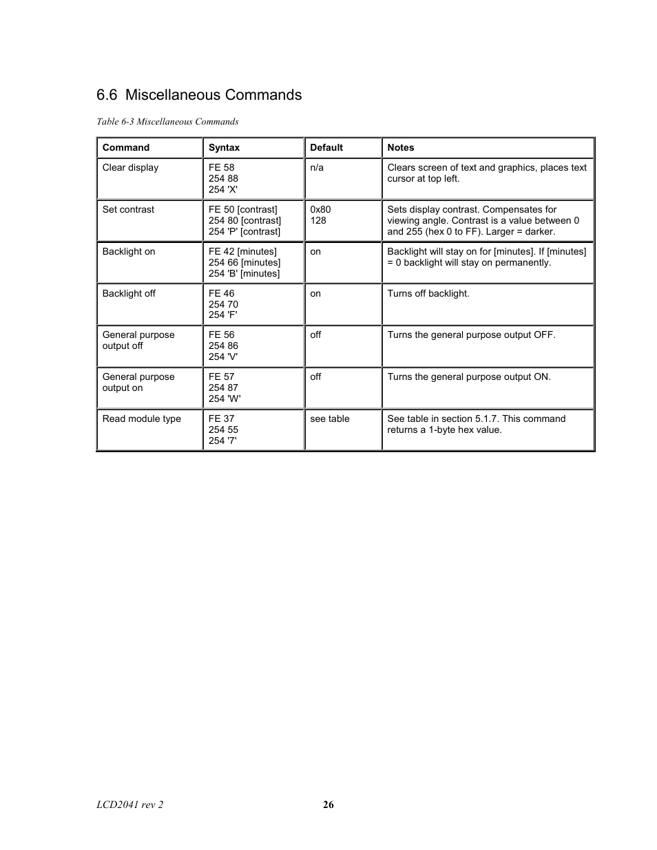6 miscellaneous commands | Matrix Orbital LCD2041 Legacy User Manual | Page 26 / 30