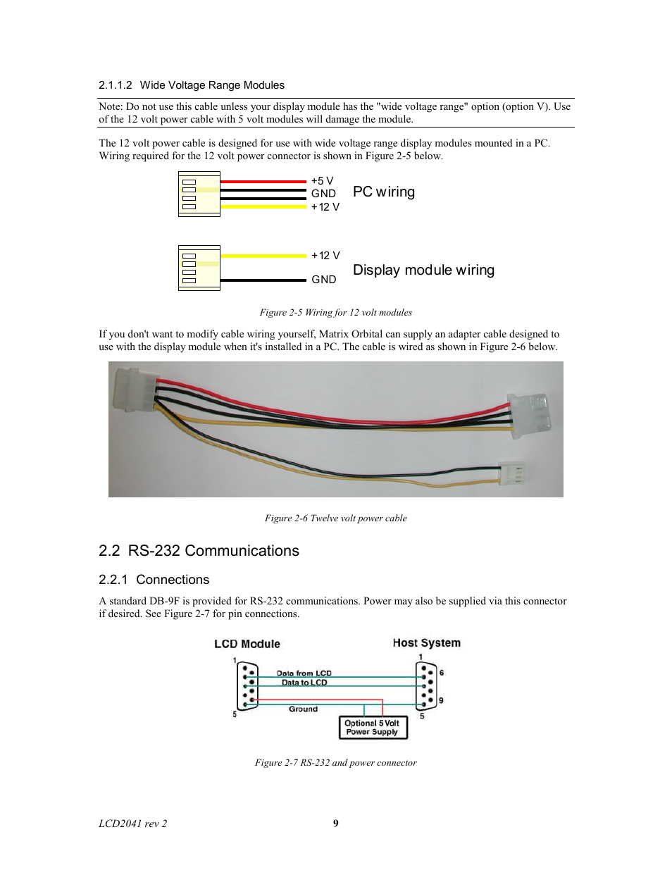 2 rs-232 communications, Pc wiring display module wiring | Matrix Orbital LCD2041 Legacy User Manual | Page 9 / 30