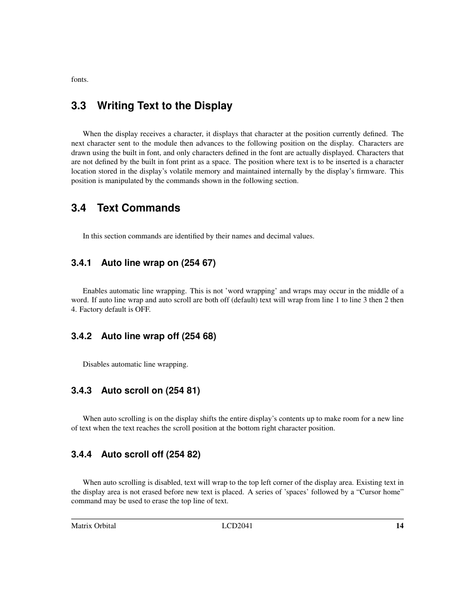 3 writing text to the display, 4 text commands | Matrix Orbital LCD2041 Legacy User Manual | Page 17 / 33
