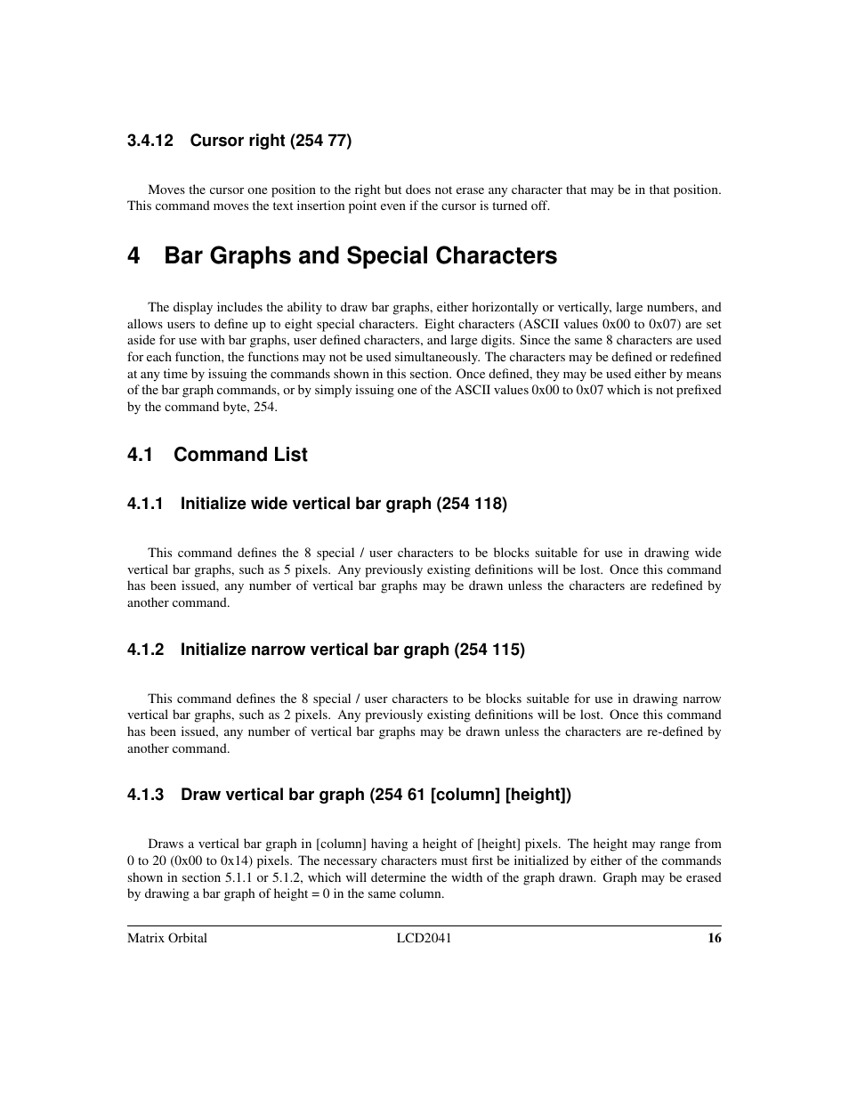 4 bar graphs and special characters, 1 command list | Matrix Orbital LCD2041 Legacy User Manual | Page 19 / 33