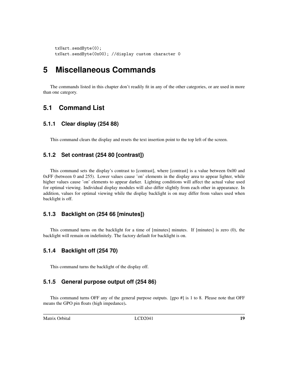 5 miscellaneous commands, 1 command list | Matrix Orbital LCD2041 Legacy User Manual | Page 22 / 33