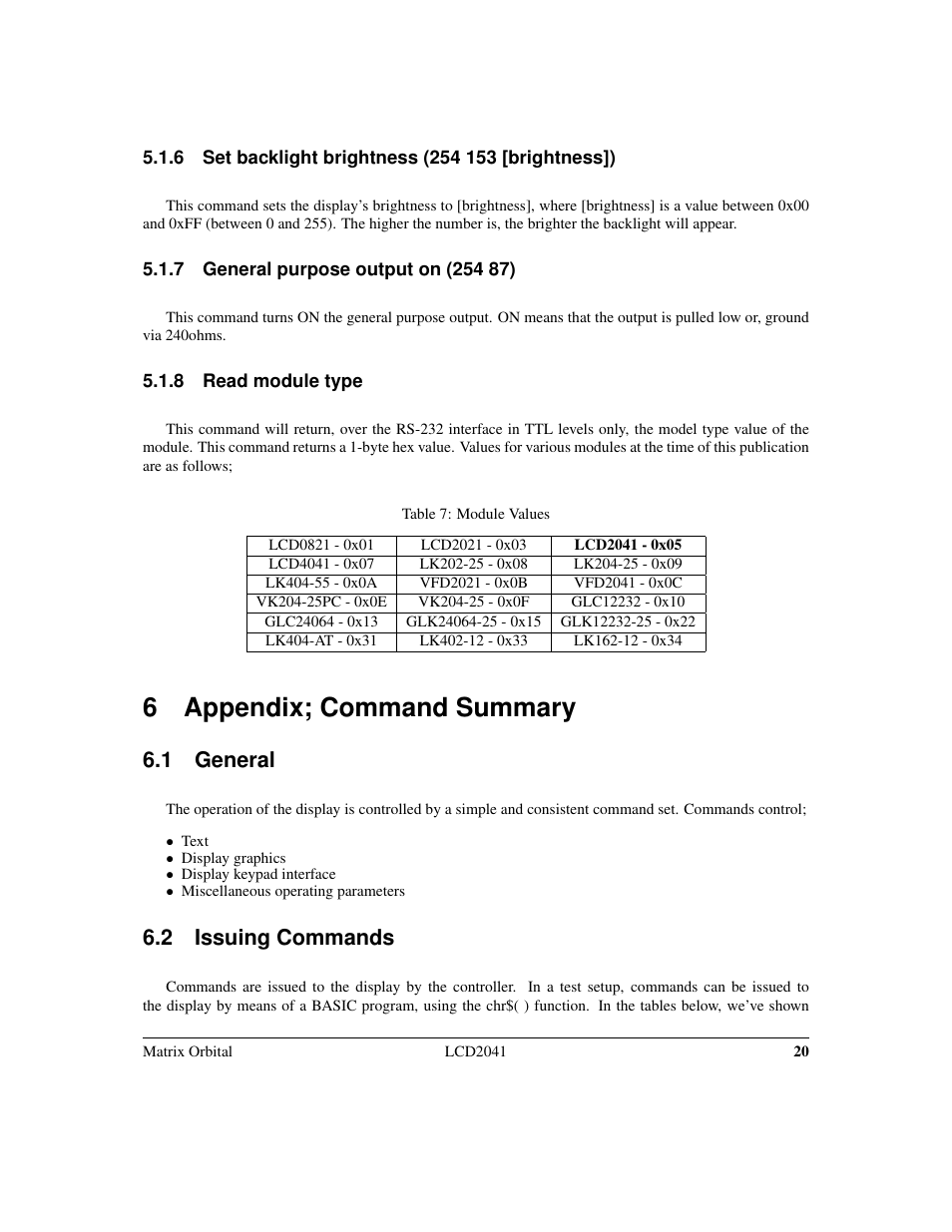 6 appendix; command summary, 1 general, 2 issuing commands | Matrix Orbital LCD2041 Legacy User Manual | Page 23 / 33