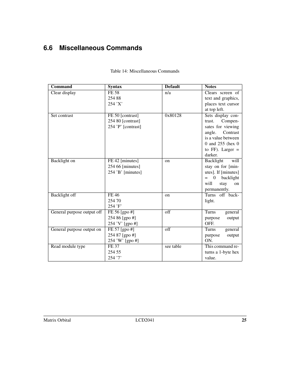 6 miscellaneous commands | Matrix Orbital LCD2041 Legacy User Manual | Page 28 / 33