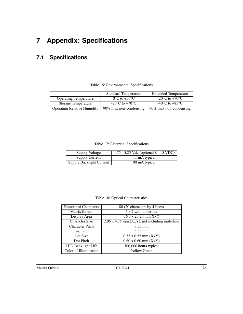 7 appendix: specifications, 1 specifications | Matrix Orbital LCD2041 Legacy User Manual | Page 29 / 33