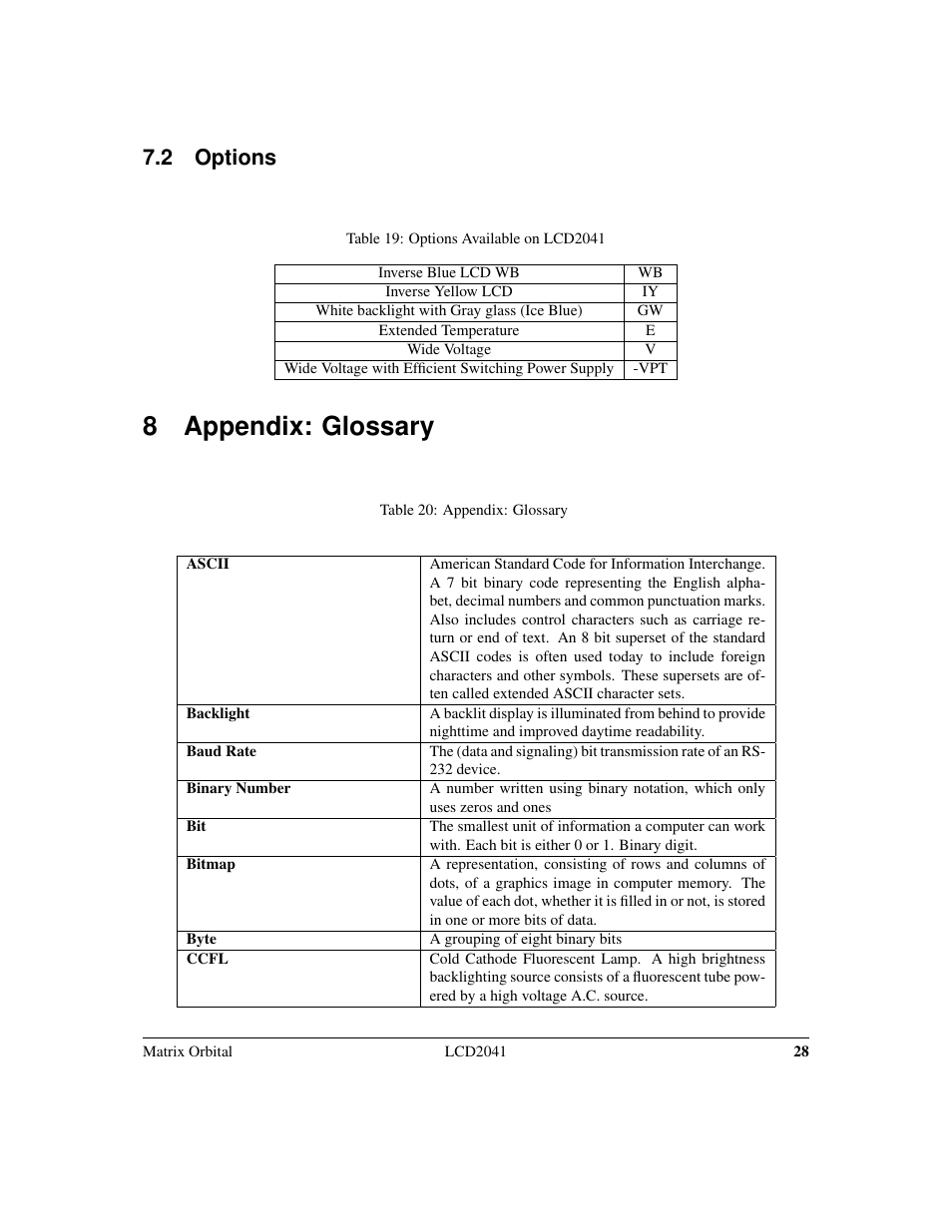 8 appendix: glossary, 2 options | Matrix Orbital LCD2041 Legacy User Manual | Page 31 / 33