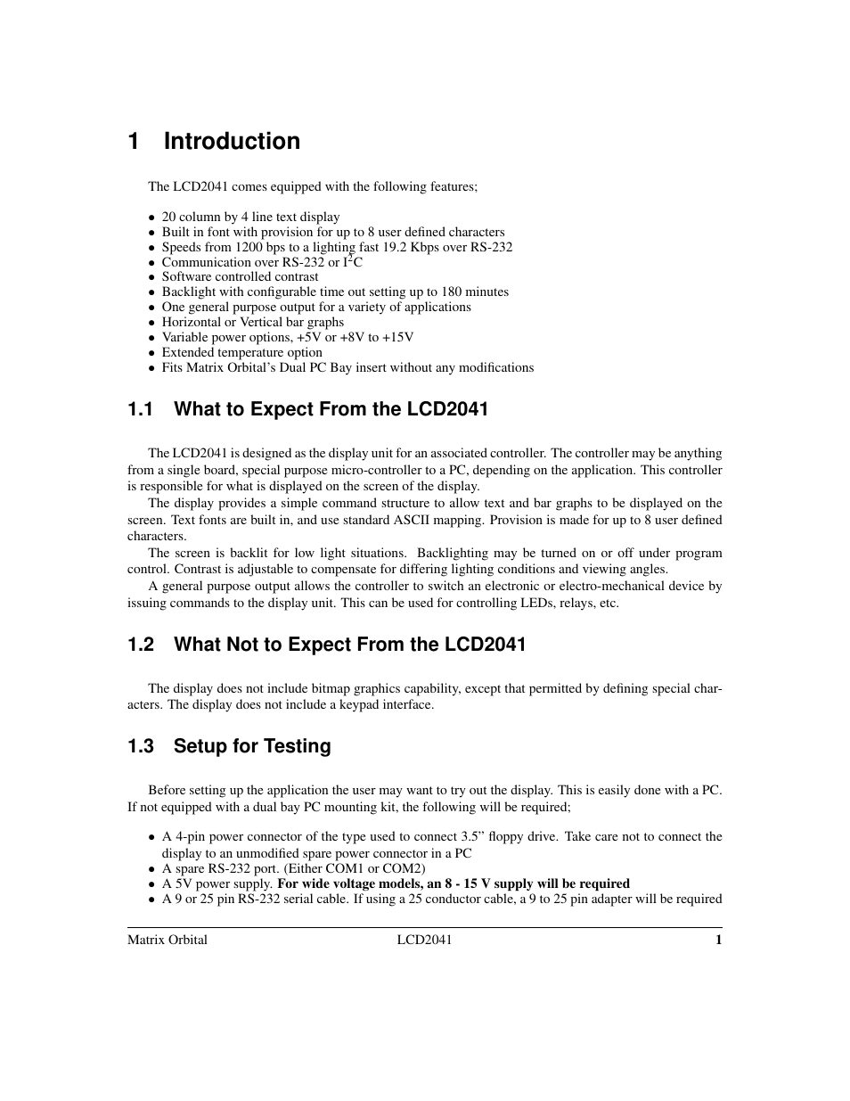 1 introduction, 3 setup for testing | Matrix Orbital LCD2041 Legacy User Manual | Page 4 / 33