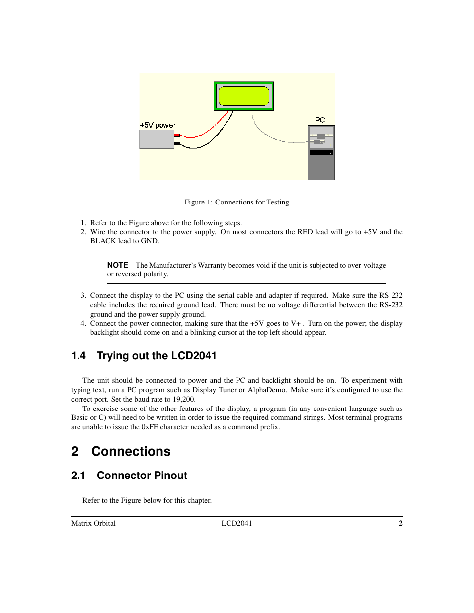 2 connections, 1 connector pinout | Matrix Orbital LCD2041 Legacy User Manual | Page 5 / 33